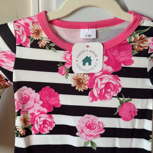 Pretty Pink Floral/Black & White Striped Romper - Size 3-6 months - Picture 2 of 3